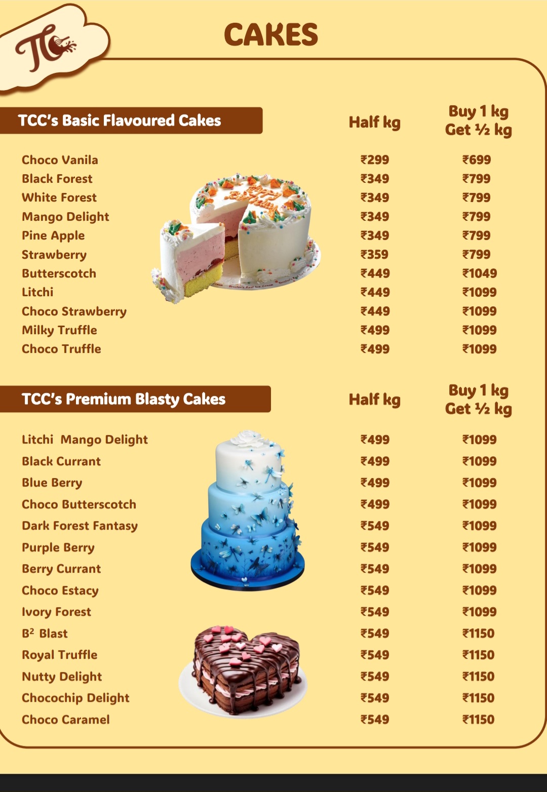 Printed basic and premium cake flavours price list, cake shop Surapet Chennai