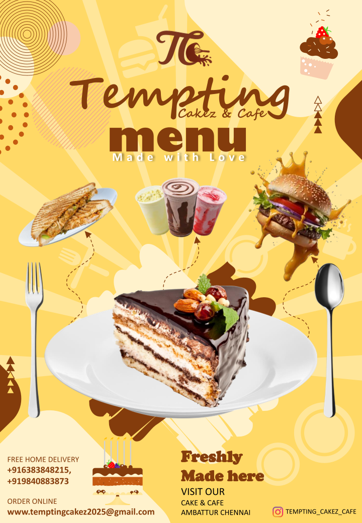 Tempting Cakez & Cafe menu poster with cakes, burgers and beverages