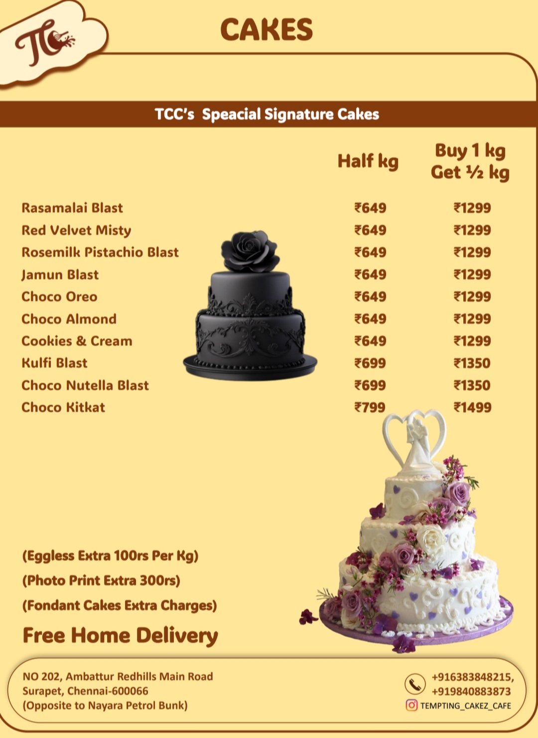 Printed signature cakes price list from Tempting Cakez & Cafe Surapet Chennai