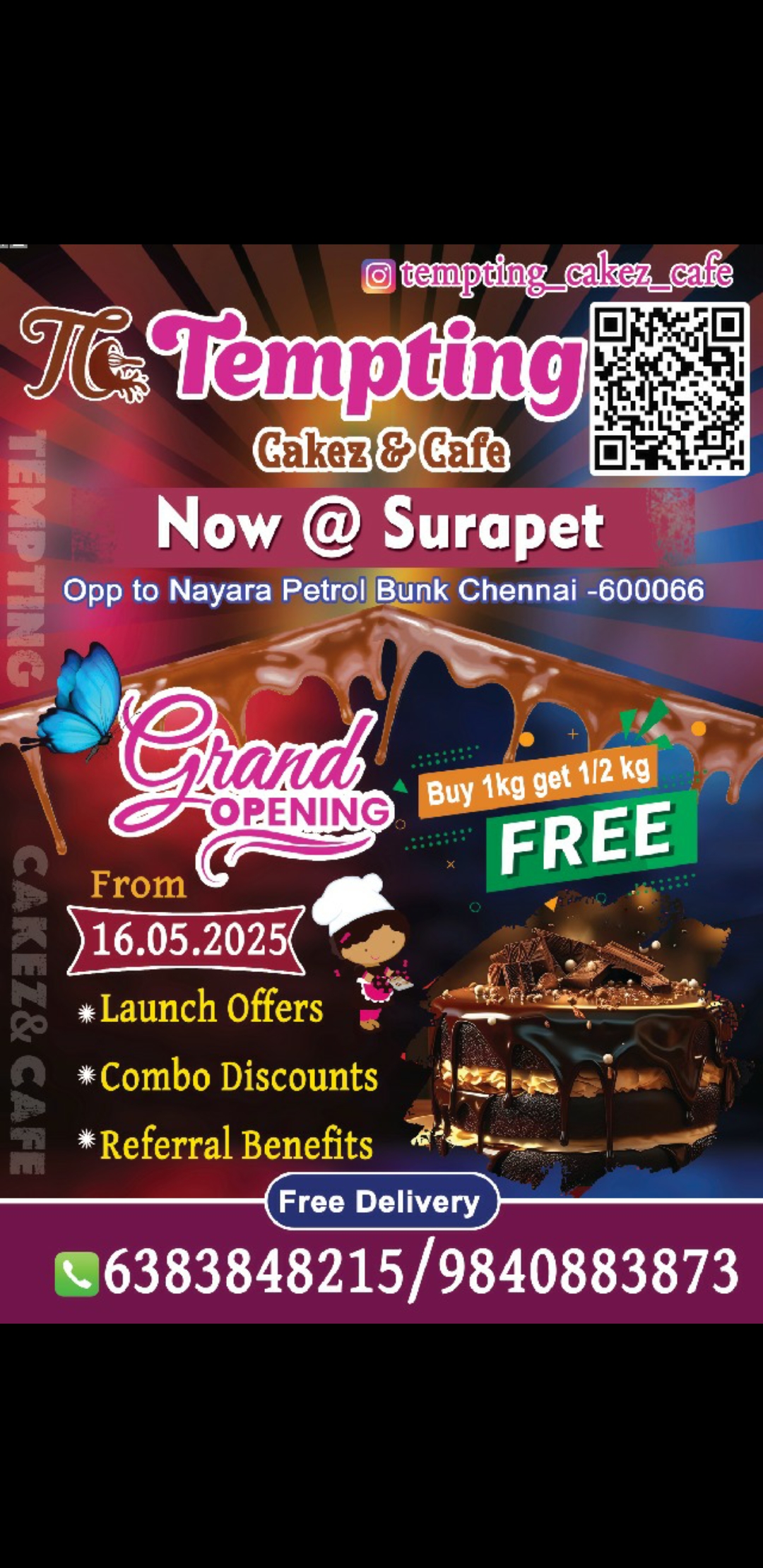 Tempting Cakez & Cafe Surapet opening offer poster with delivery details